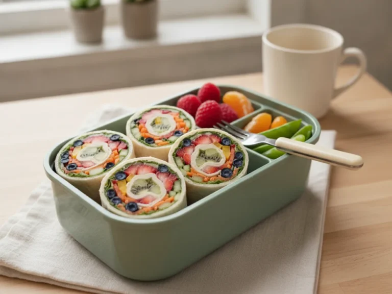 Pinwheel wraps with fruit and vegetables packed for a school lunch