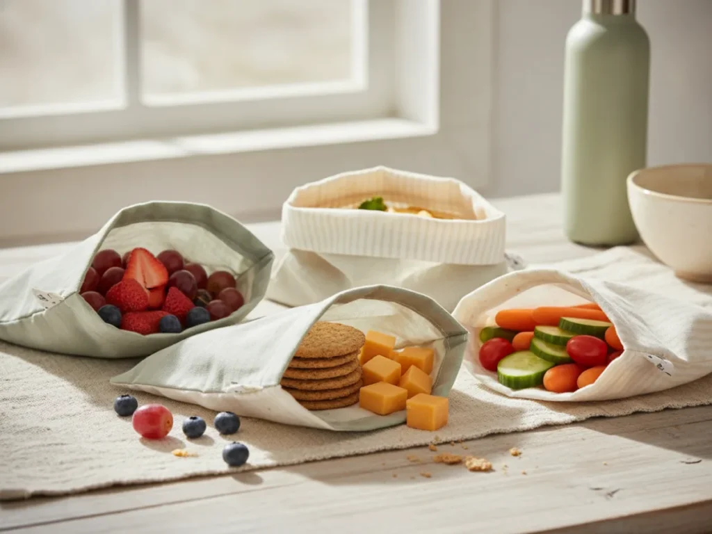 Reusable snack bags arranged for school lunch packing