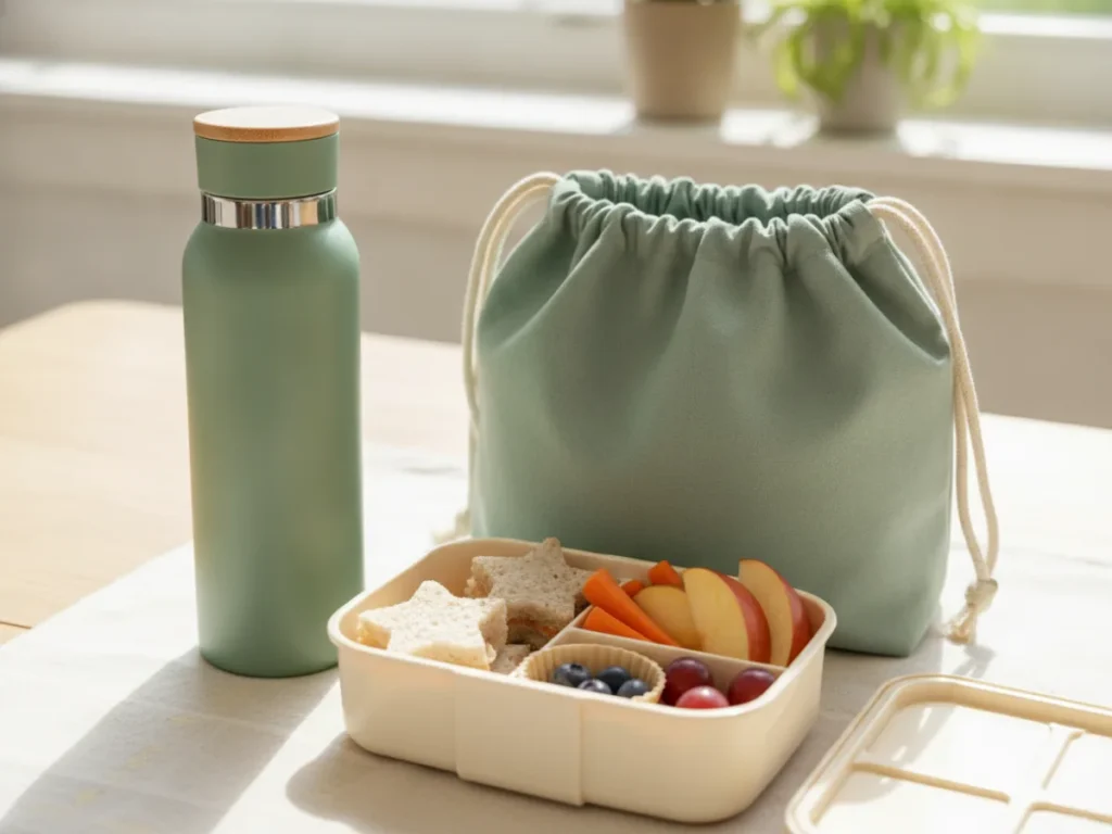 Reusable water bottle for a school or family lunch kit